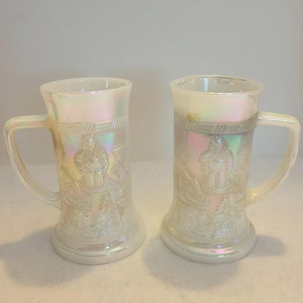 Vintage Colonial Village Iridescent Milk Glass Mug Candle Holders Set of 2 White
